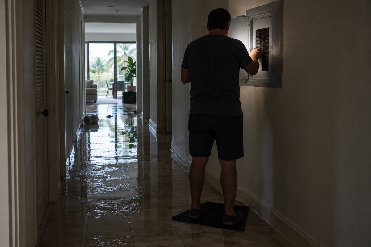 Person at a breaker panel in a hallway with water on the tile