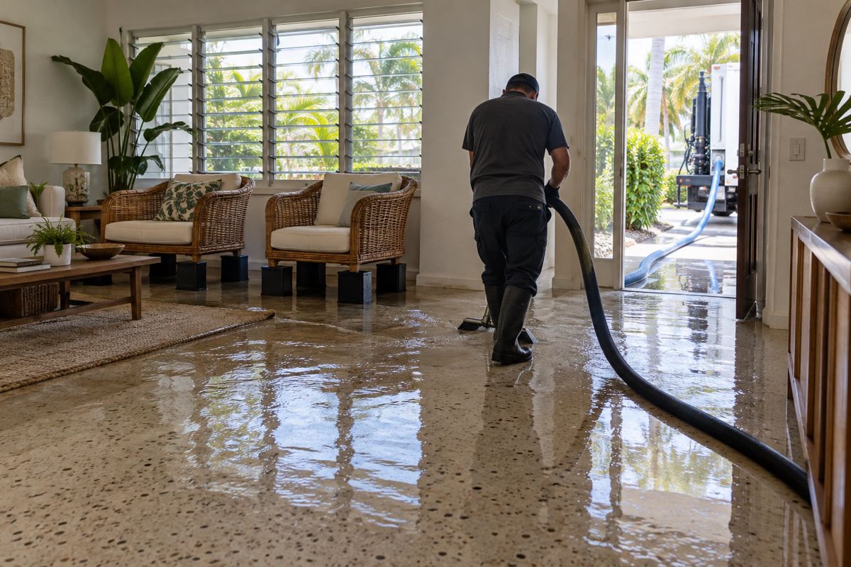 Technician extracting standing water from a terrazzo living room floor