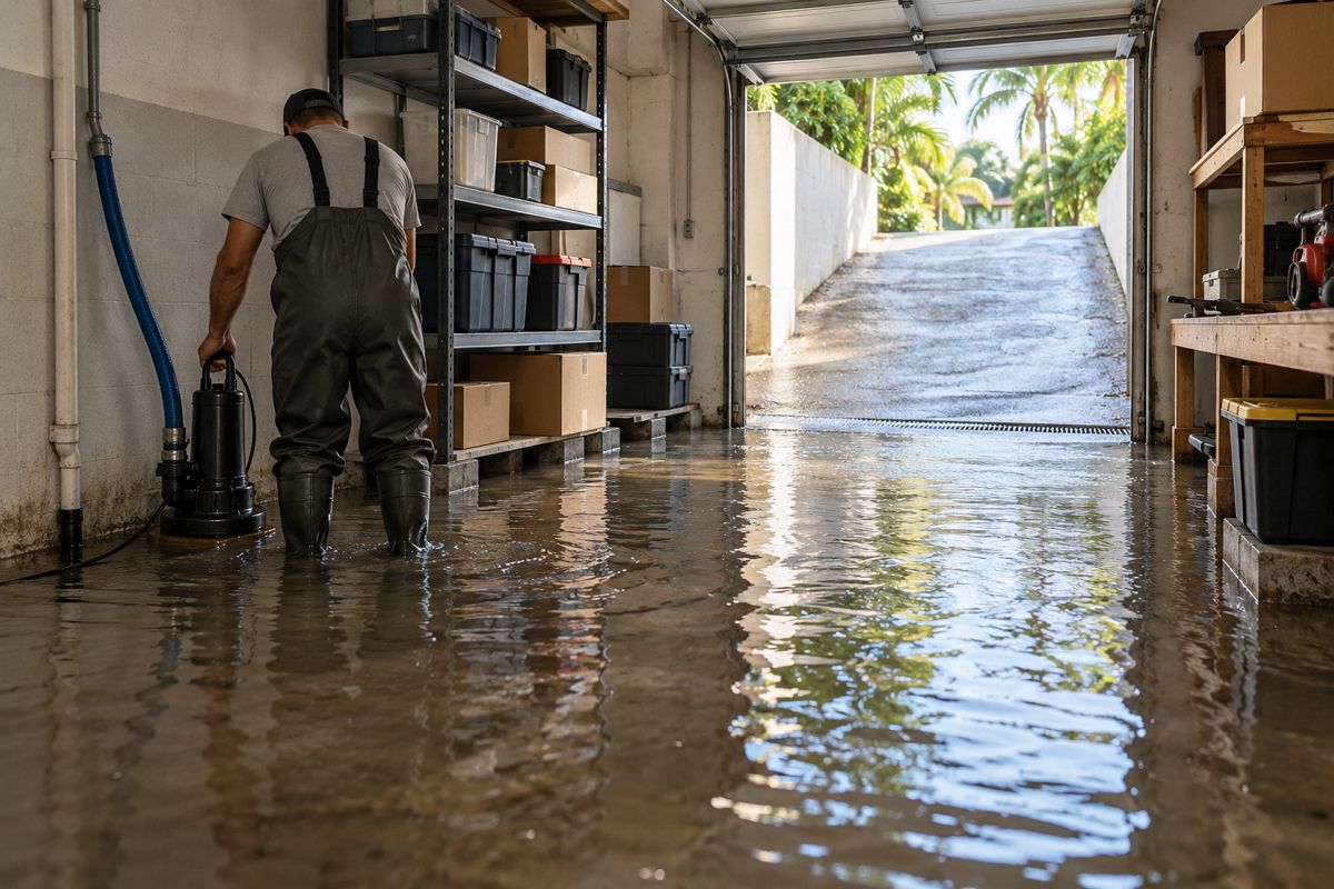 Technician pumping water from a flooded lower garage in Miami