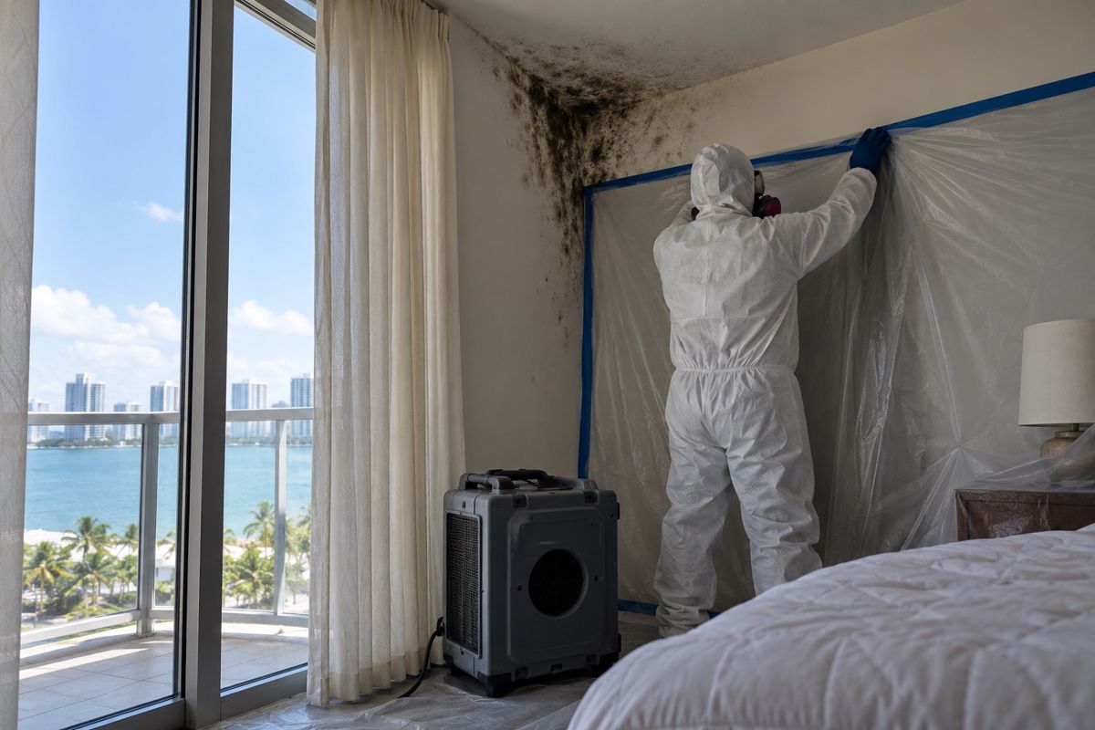 Technician in a respirator treating mold on a condo bedroom wall