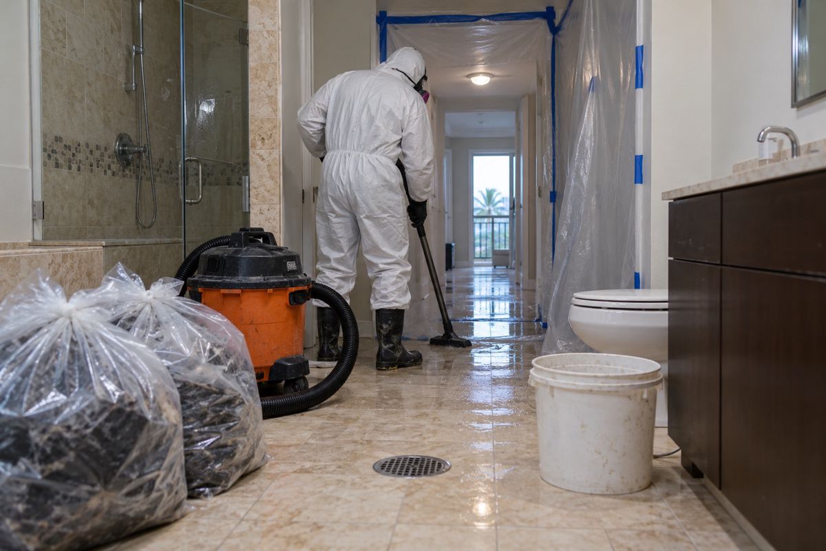 Worker in protective gear cleaning a bathroom behind plastic containment sheeting
