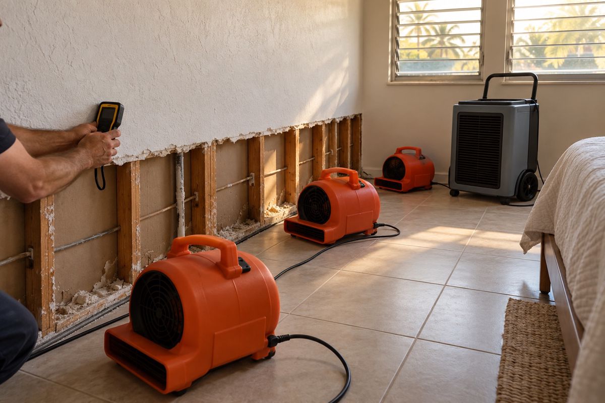 Air movers and a dehumidifier drying a wall in a Miami bedroom